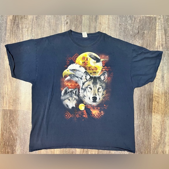 Vintage 90s Wolf And Eagle Navy Blue Native American Print T Shirt Size 3xl - Picture 1 of 4